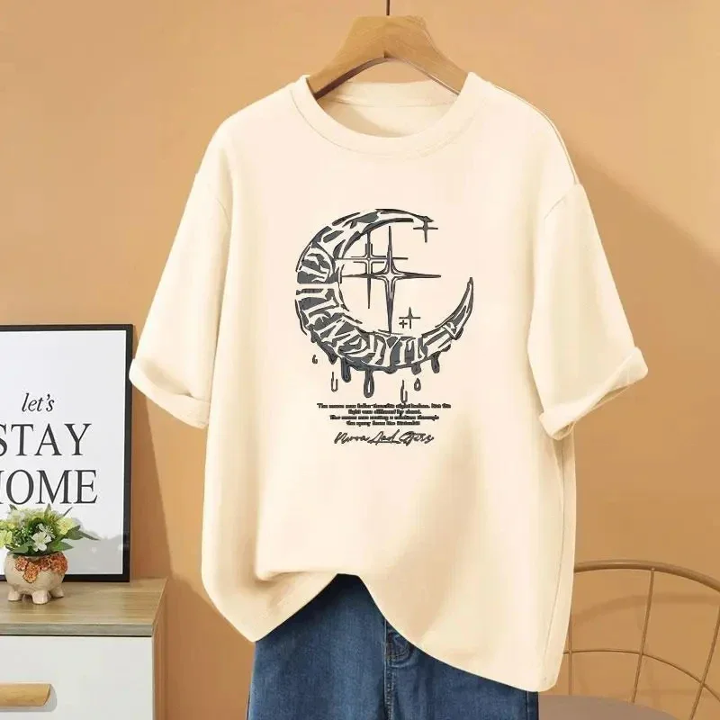 

Summer Vintage Short Sleeve Top Tee Women Clothing Chic Printed Cotton T-shirt Loose Casual Basics O-neck Pullovers