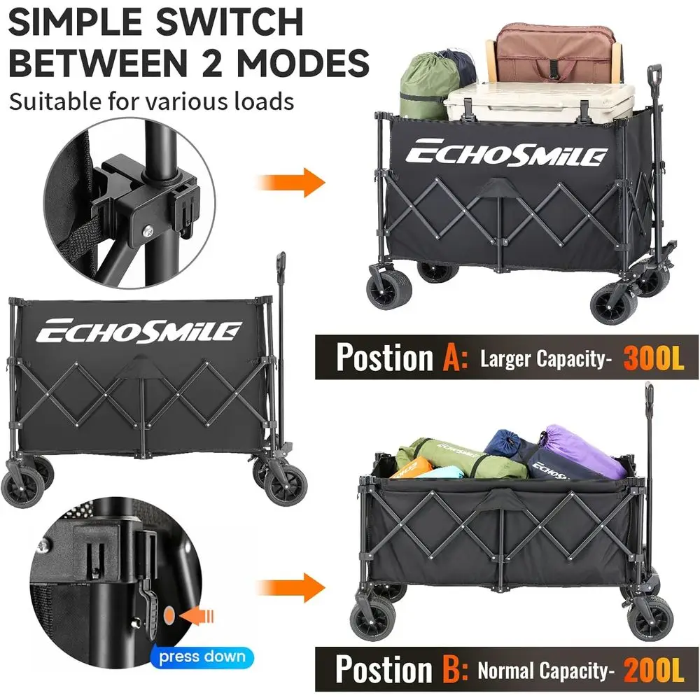 500lb Capacity 300L Collapsible Utility Wagon with All-Terrain Wheels for Outdoor Activities and Shopping