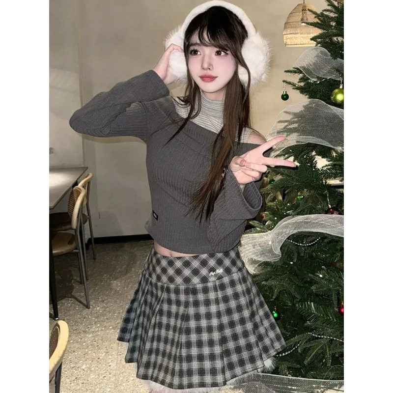 Japanese Temperament Pile Collar One Shoulder Two-piece Knitted Tops Elegant Pleated Short Skirts Y2k Harajuku Casual 2pcs