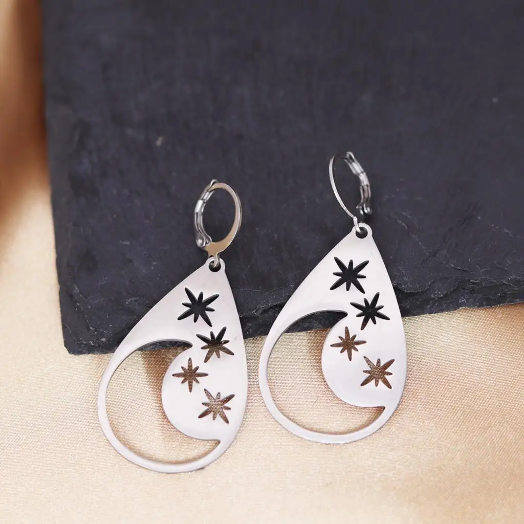 QIAMNI Stainless Steel Tear Drop Star Moon Huggie Hoop Earrings for Women Gifts Waterdrop Dangle Earring Trendy Party Jewelry