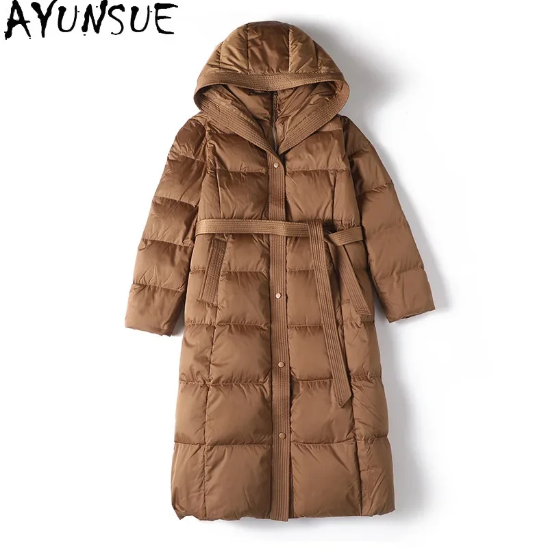 Ayunsue pato branco para baixo puffer jaqueta feminina moda longo para baixo casacos com capuz inverno roupas de luxo solto ajuste 2024 Пухо totoки