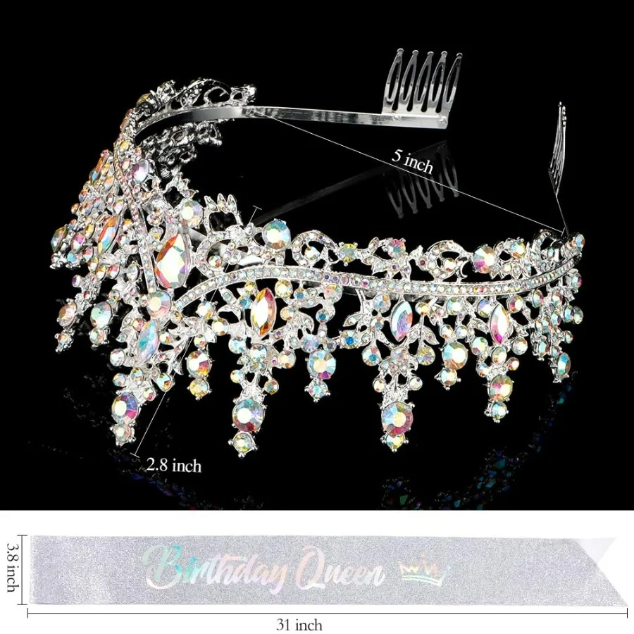 Barocke Strass-Geburtstagsköniginnen-Schärpe mit Krone, Tiara und Stirnband, Geburtstags-Schärpe mit Anstecknadel, Happy Birthday Party Dekoration – Detail 38