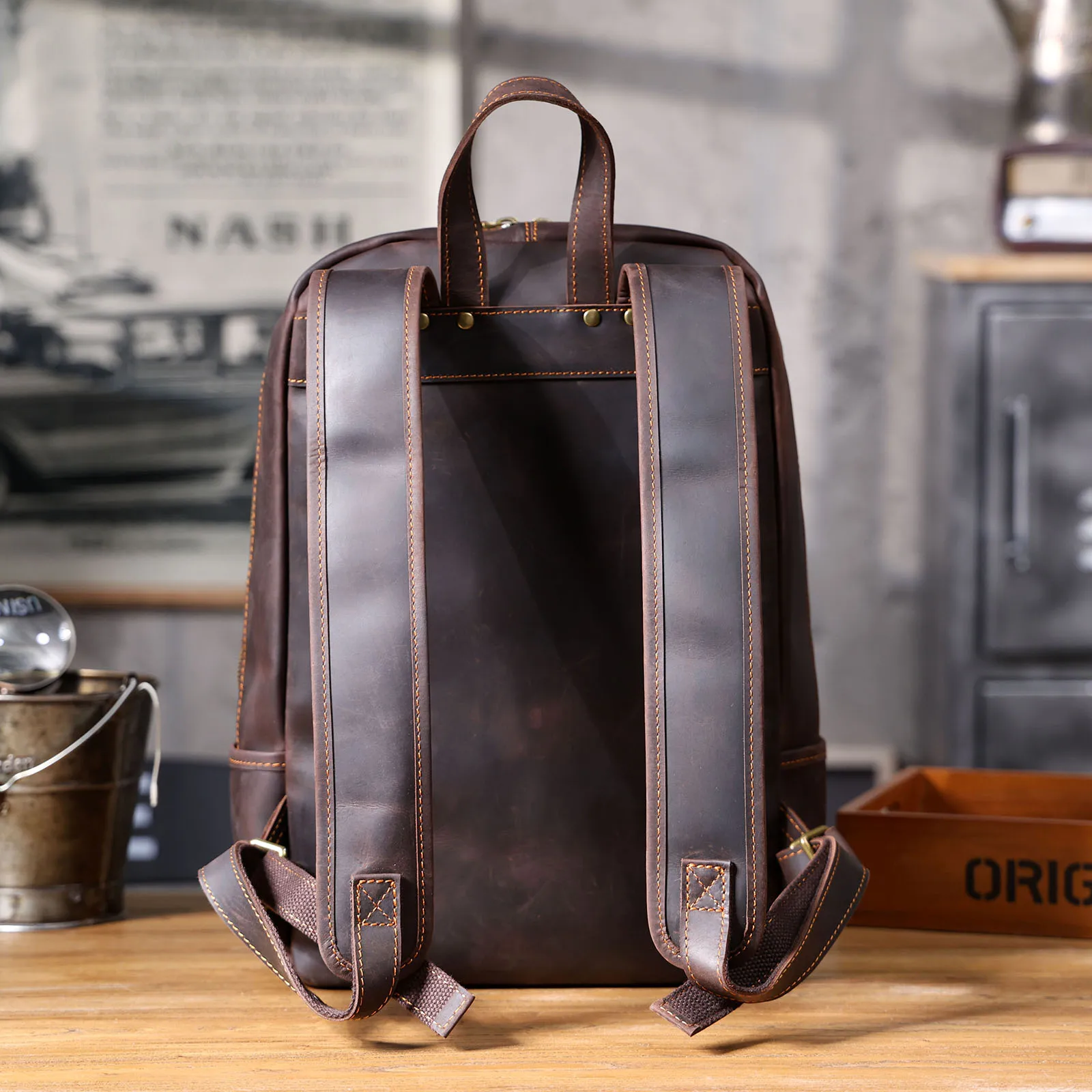 S.WORKER Vintage Echtleder Herrenrucksack Laptop-Tasche Casual Crazy-Horse Leder Schultasche Outdoor Weekender-Tasche – Detail 7