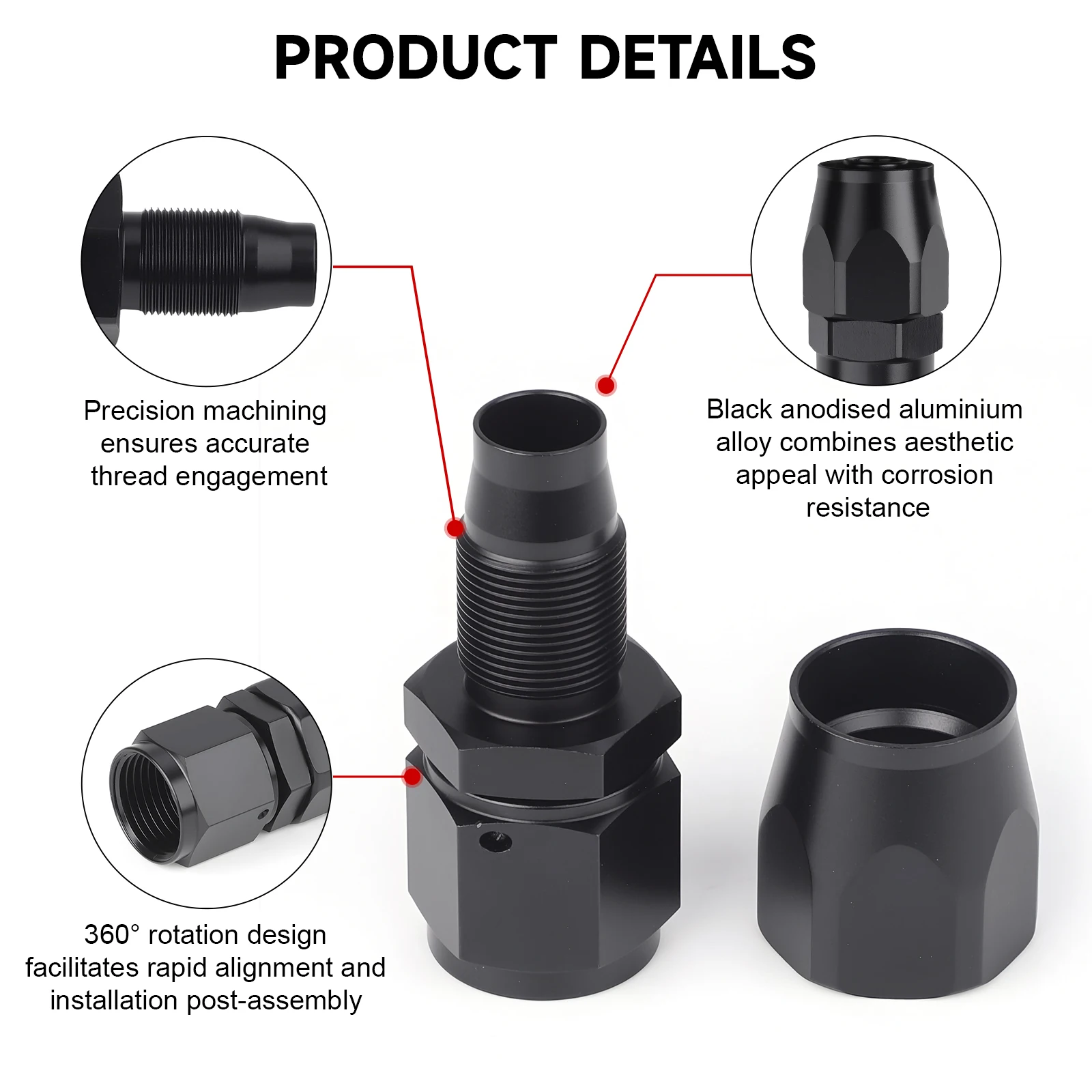 

Black 4 PCS Hose End Fitting Swivel Adapter 0 45 90 180 Degree AN4 AN6 AN8 AN10 Aluminium Alloy Hose End Fitting Swivel Adapter
