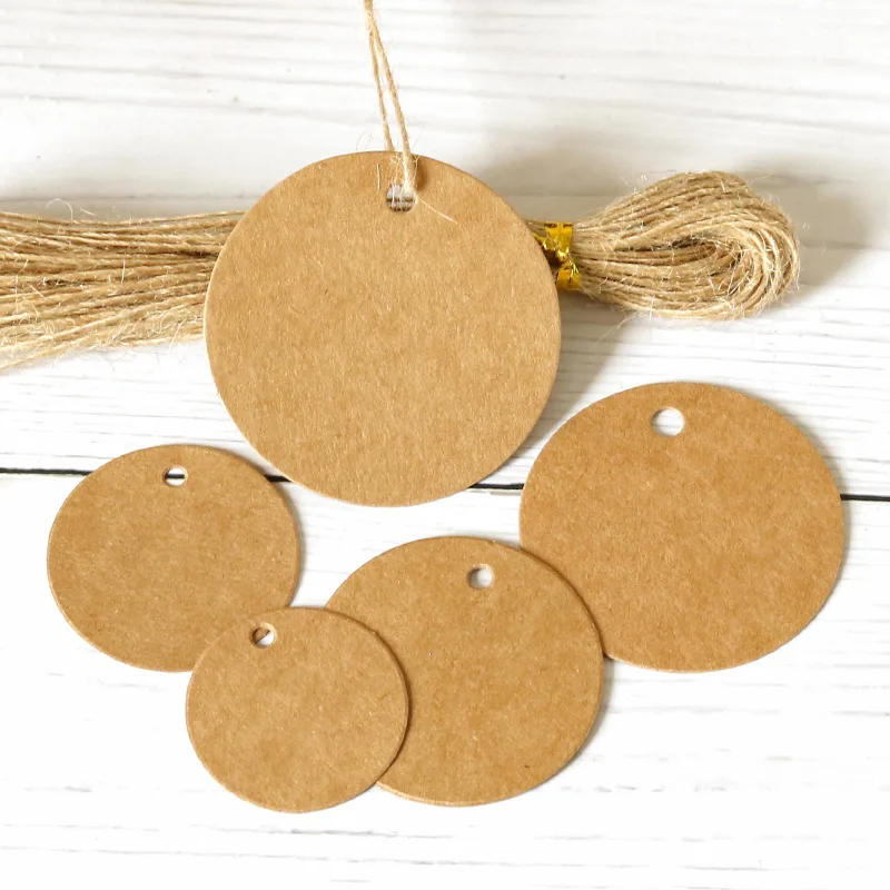 100pcs 3-5cm Round Kraft Paper Tags with Strings Wedding Birthday Christmas Party Gift Hang Tag Labels Packaging Supplies Decor