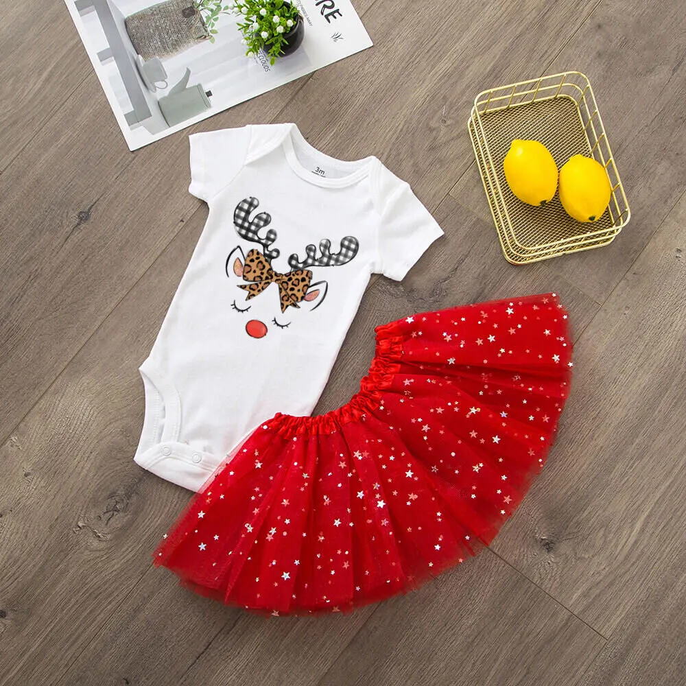 Deer Print Christmas Baby Romper & Tutu Set Christmas Girls Outfit Infant Baptism Short Sleeve Bodysuit Dress Xmas Outfits Skirt