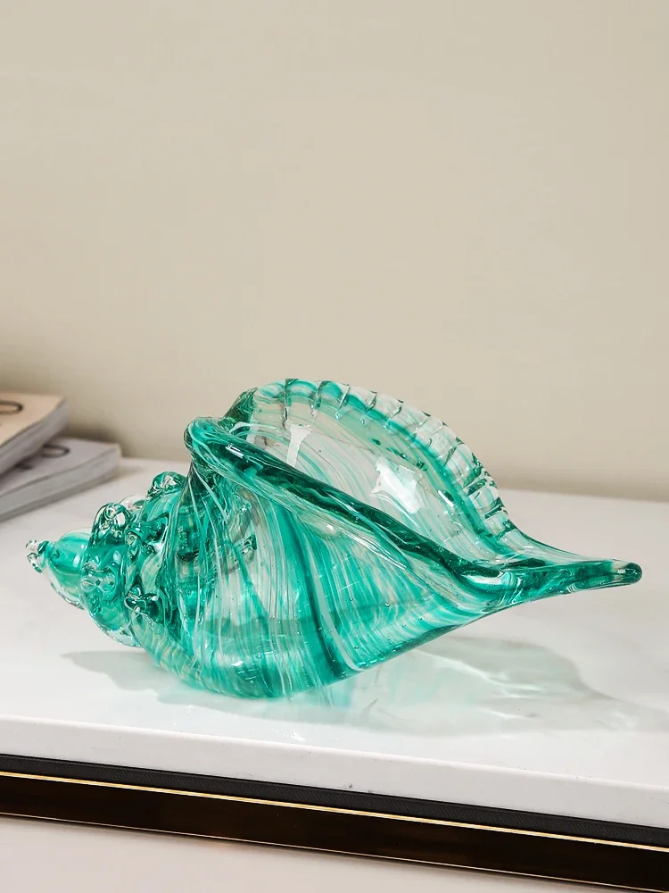 Handmade Coloured Glaze Blue Conch Figurines For Home Tabletop Showcase Display Elegant Glass Sea Snail Statues