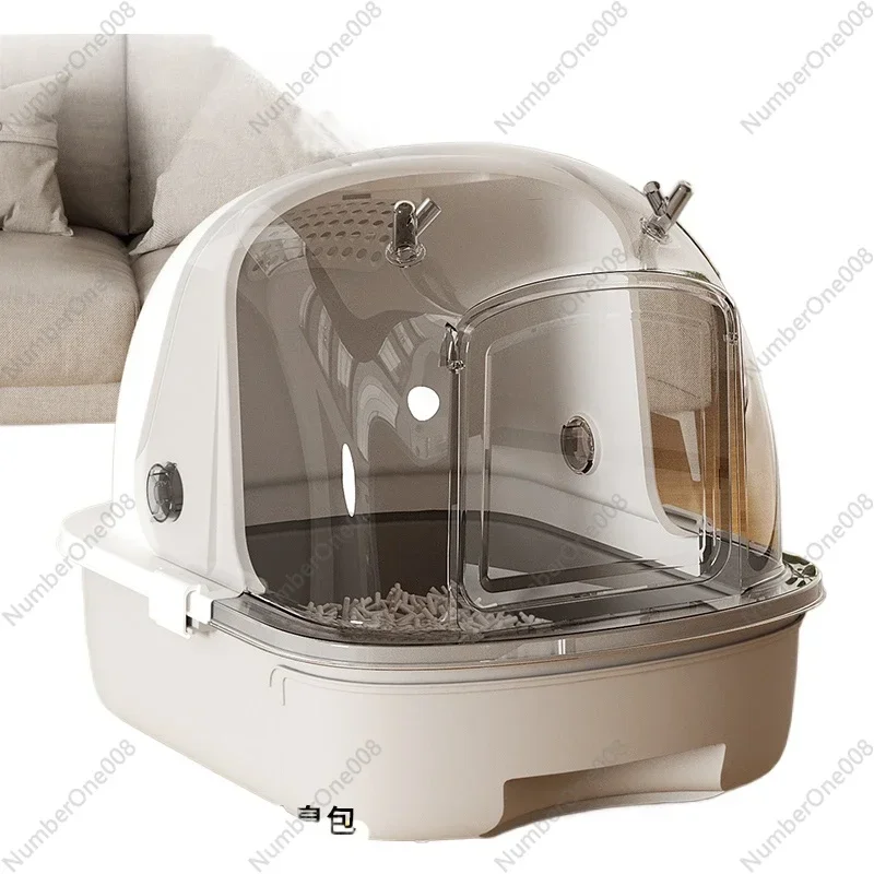 Litter Box Oversized Fully Enclosed Anti-Splash Cat Poop Basin Deodorant Drawer Transparent Lid Kittens Toilet