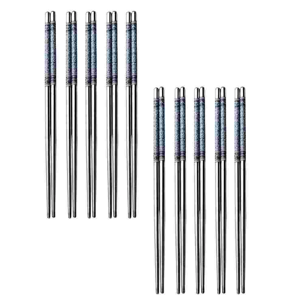 10 Pairs Fish Chopsticks Blue and White Sturdy Delicate Silver Stainless Steel Anti-scalding