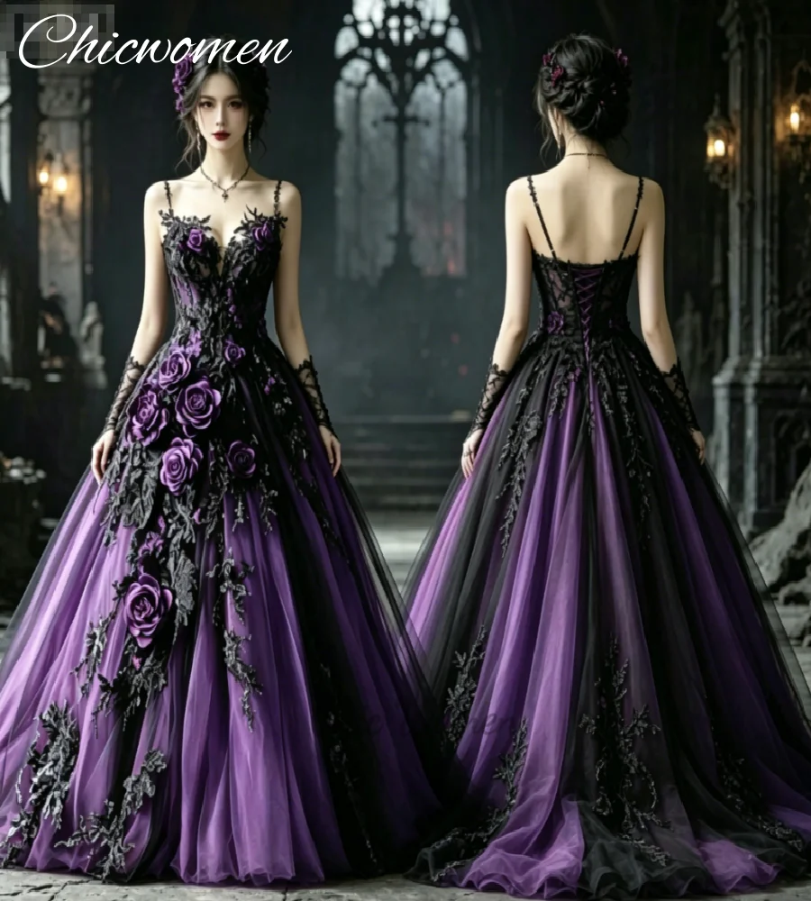 Enchanted Gothic Black Red Wedding Dress 2026 With Rose Florals Spaghetti Strap Ball Gown Halloween Vampire Forest Bridal Witchy