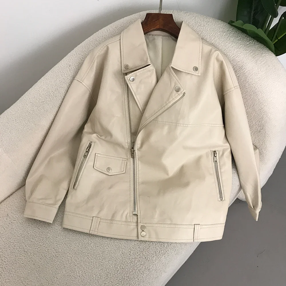 المرأة عارضة الشارع الشهير شيك ربيع جديد سحابات المتضخم معطف فو سترة جلدية بولي فضفاض فضفاض دراجة نارية السترات الإناث #2