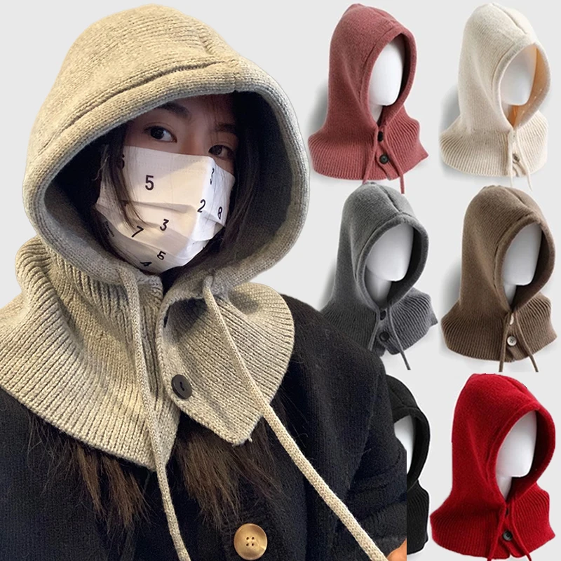 

Winter Balaclava Hats Scarf For Men&Women Unisex Knitted Hooded Caps Outdoor Warmer Drawstring Hats Neck Collar Beanies Cap