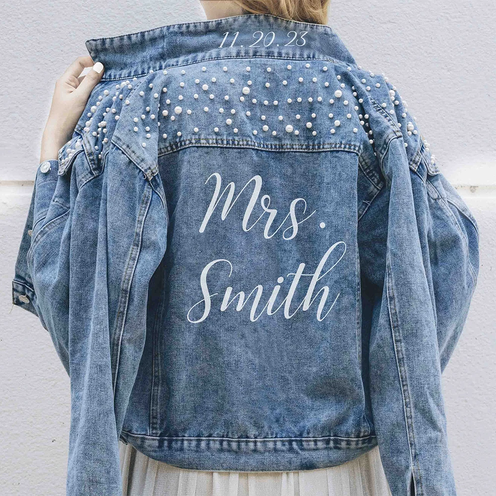 Personalized Mrs Pearl Denim Jacket Custom Bride Jean Jacket Party Gift Wedding Engagement Gift for Bride to Be