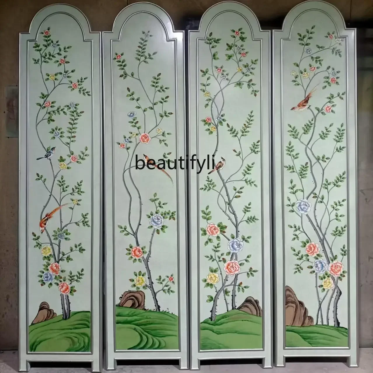 

FANew Chinese hand-painted screen living room partition lacquer painting flower and bird folding screen background wall decorati