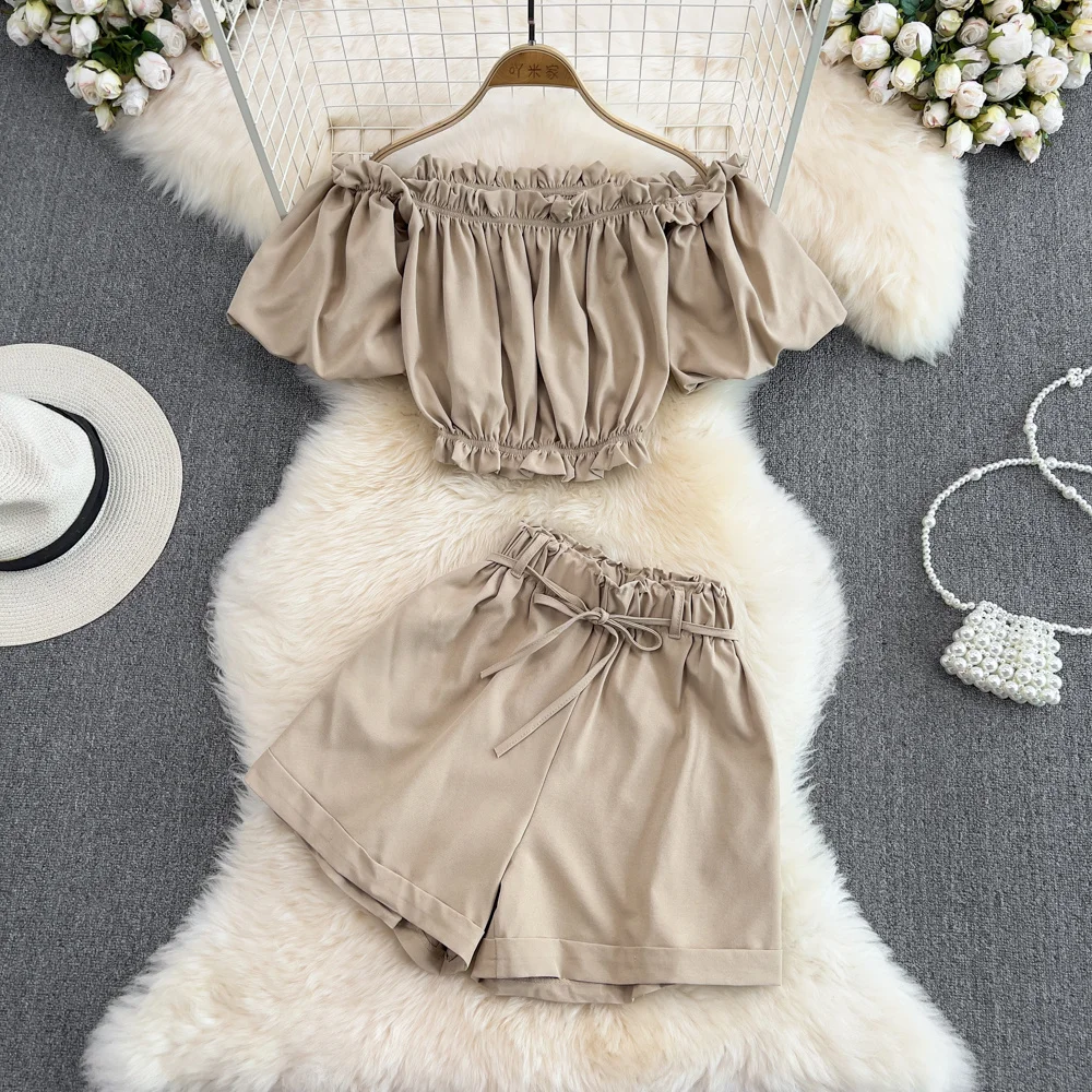 Short Top And Shorts Pants Set Girls Sexy Summer Slash Neck Off Shoulder Short Top Shirt And Lace Up Wide Leg Shorts  For Women