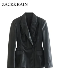 ZACK RAIN-Blazer croisé en similicuir pour femme, veste noire imbibée, vêtements d'extérieur chics, rétro, trajet domicile-travail, dames, automne, hiver, 2022