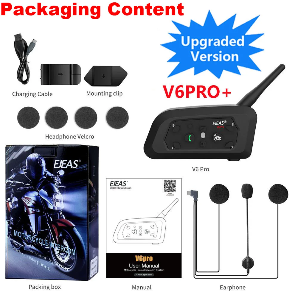 1/2 Stuks EJEAS V6 Pro + Motorfiets Bluetooth Helm Headset Intercom Afstand 800M Muziekspeler Waterdicht IP67 Ondersteuning EUC Type-C