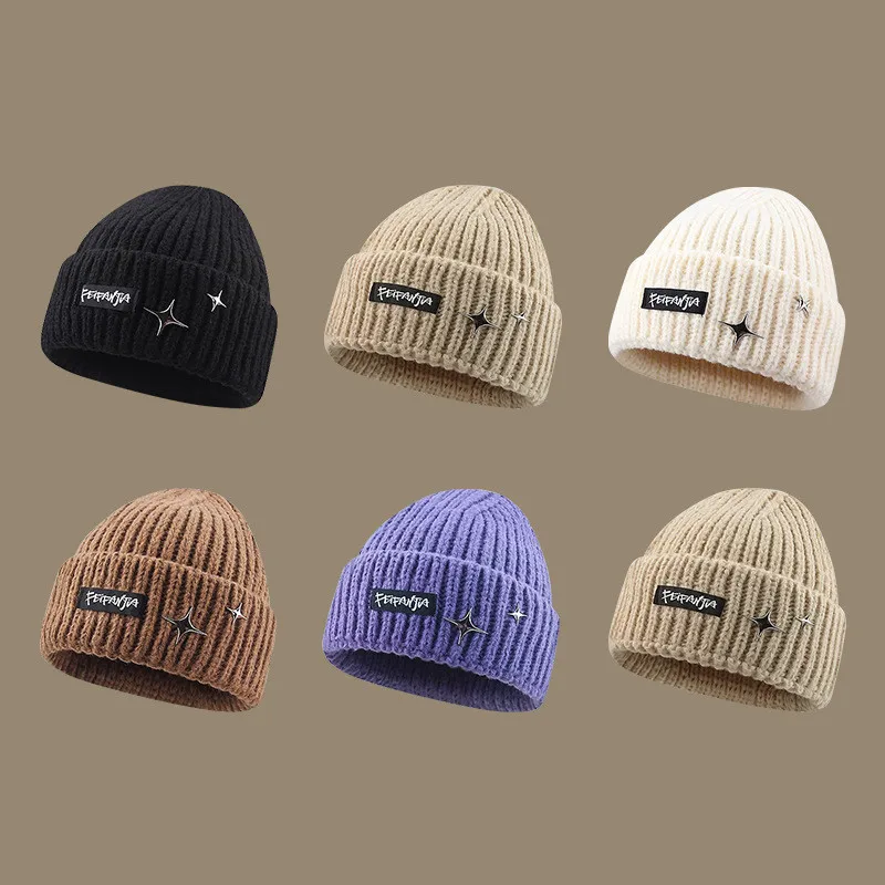 

New Women Thicken Knitting Woolen Hats Autumn Winter Students Letter Label Ear Protection Caps Outdoor Couple Casual Warm Hats