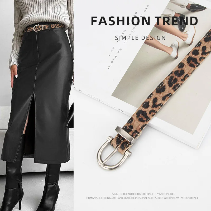 Women Slim Leopard Print Leather Belt Retro High Grade Decorative Belt Match Jeans