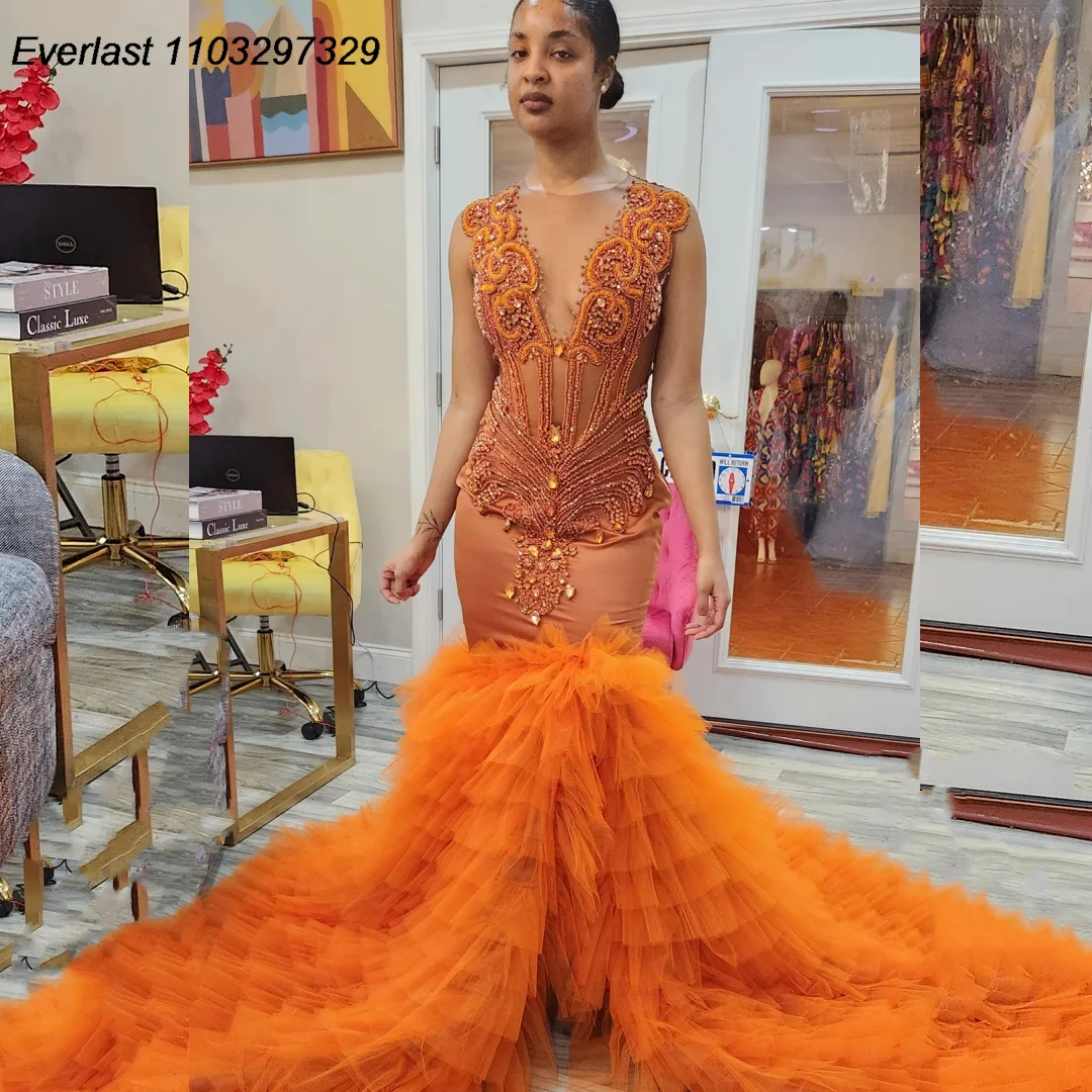 EVLAST Sparkly Glitter Ruffles Prom Dress for Black Girls See Through Orange Diamond African Birthday Party Gowns Women TPD66