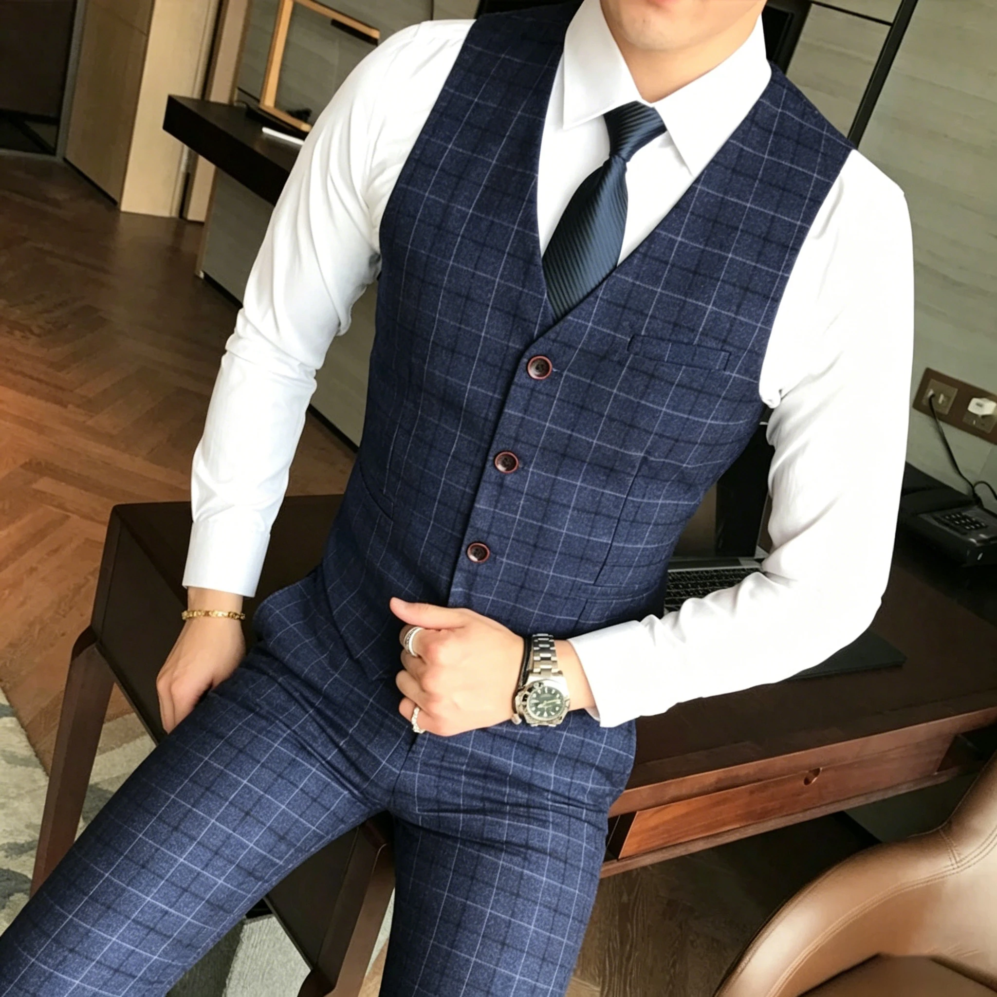 ( Vest + Pants ) 2Pce Set Mens Fashion Plaid Slim Casual Business Suit Vest Pants Groom Wedding Dress Formal Waist Coat Trousers