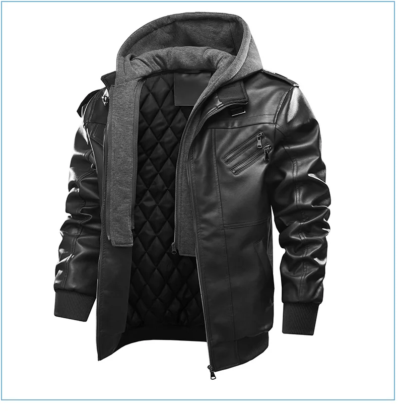 American Style Winter Vintage New Fashion Men’s Solid Color Casual Trendy Detachable Hooded PU Jacket Male Clothes Coats Tops