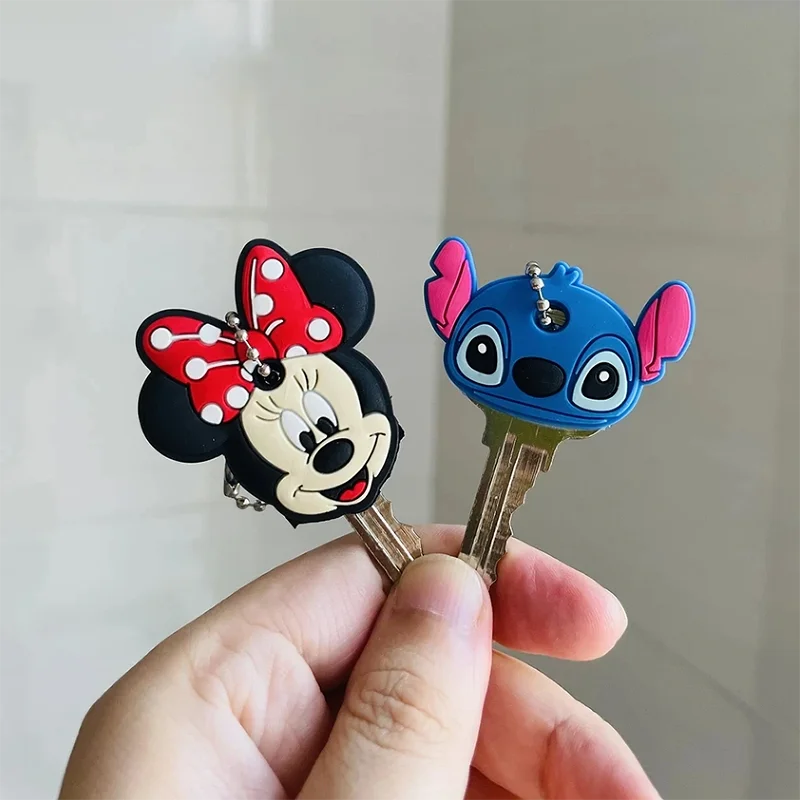 Kawaii Anime Figure Stitch Key Cover Caps Mickey Mouse Key Chains Toys Cute Cartoon Car Keychain Kids Toys Birthday gift