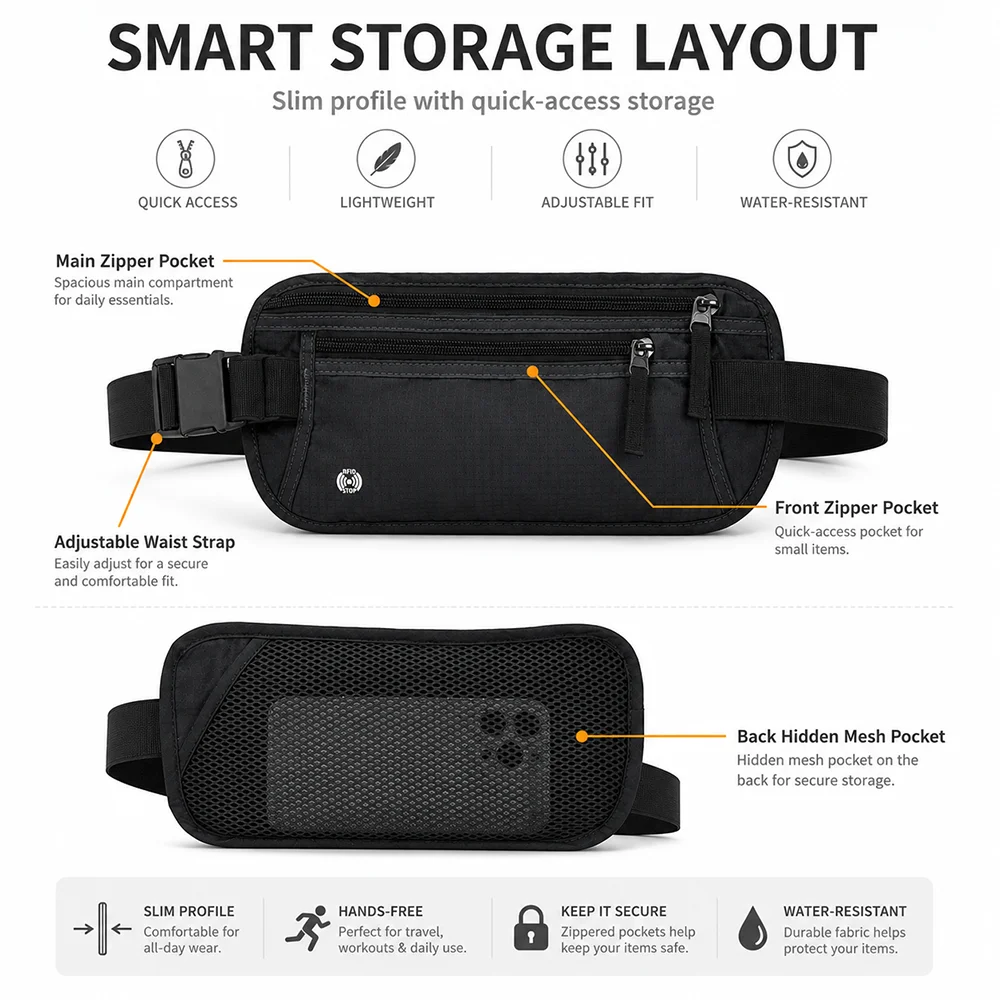 Men Hidden Belt Bag for Travel Anti Theft RFID Passport Wallet Holder Outdoor Sports Waist Bag Hidden Security Wallet view 4