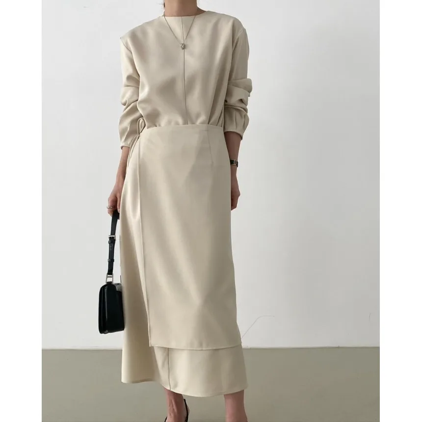 Korean Style round Neck Apron Two-Piece Set Dress with Tie Ladies Loose Fit Long Sleeve Polyester Fabric Pure Color T-Shirt