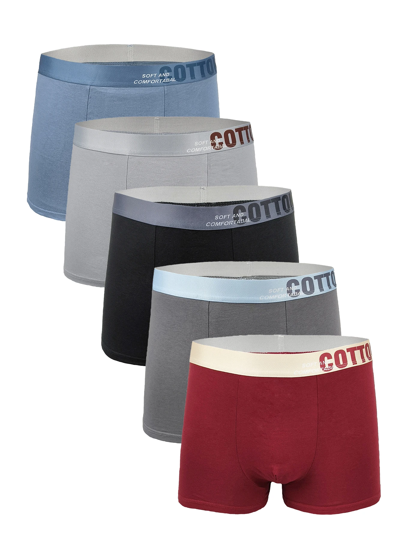 

Men's 5-Pack Cotton Boxer Briefs - "COTTON" Logo Waistband, Assorted Colors Underwear Set