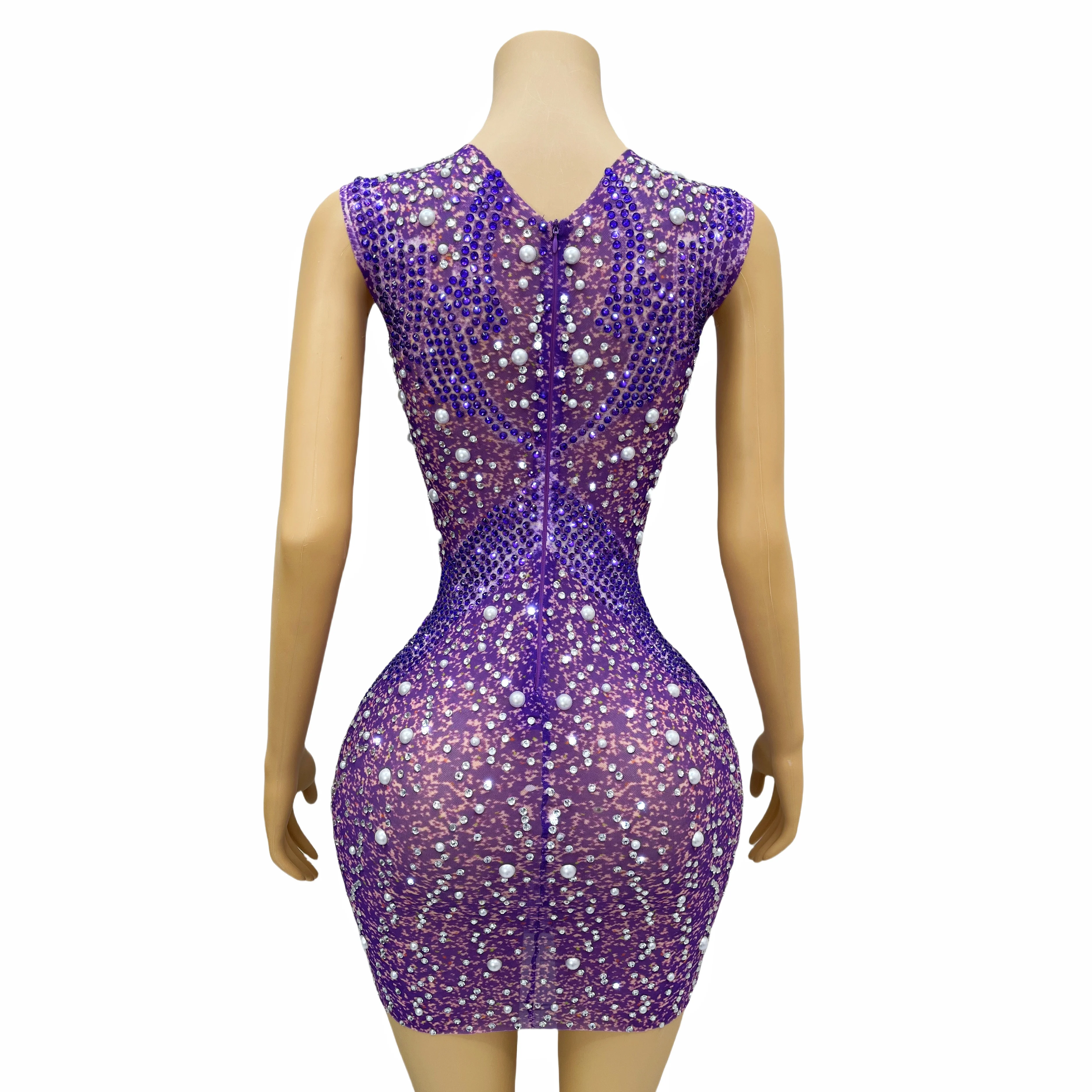 New Fancy Pearl Purple Rheinstone Birthday Celebration Sleeveless Dress Party Singer Sexy Collection Outfits yuhua