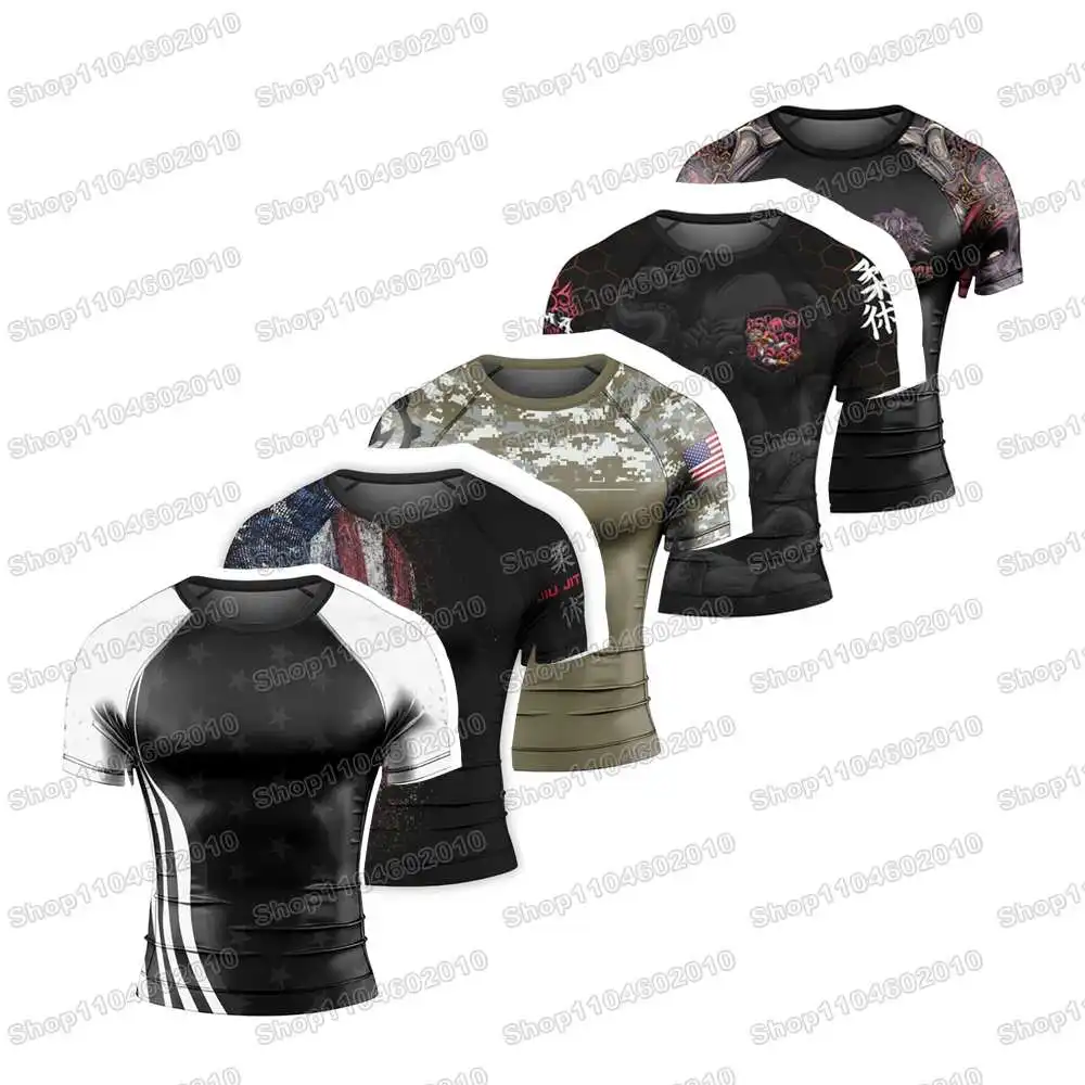 

USA Army Camo Running Rash Guards Surfing Jersey Beach Shirts Swimwear Diving Gym Shorts MMA BJJ Men Jiu Jitsu Fitness Sets