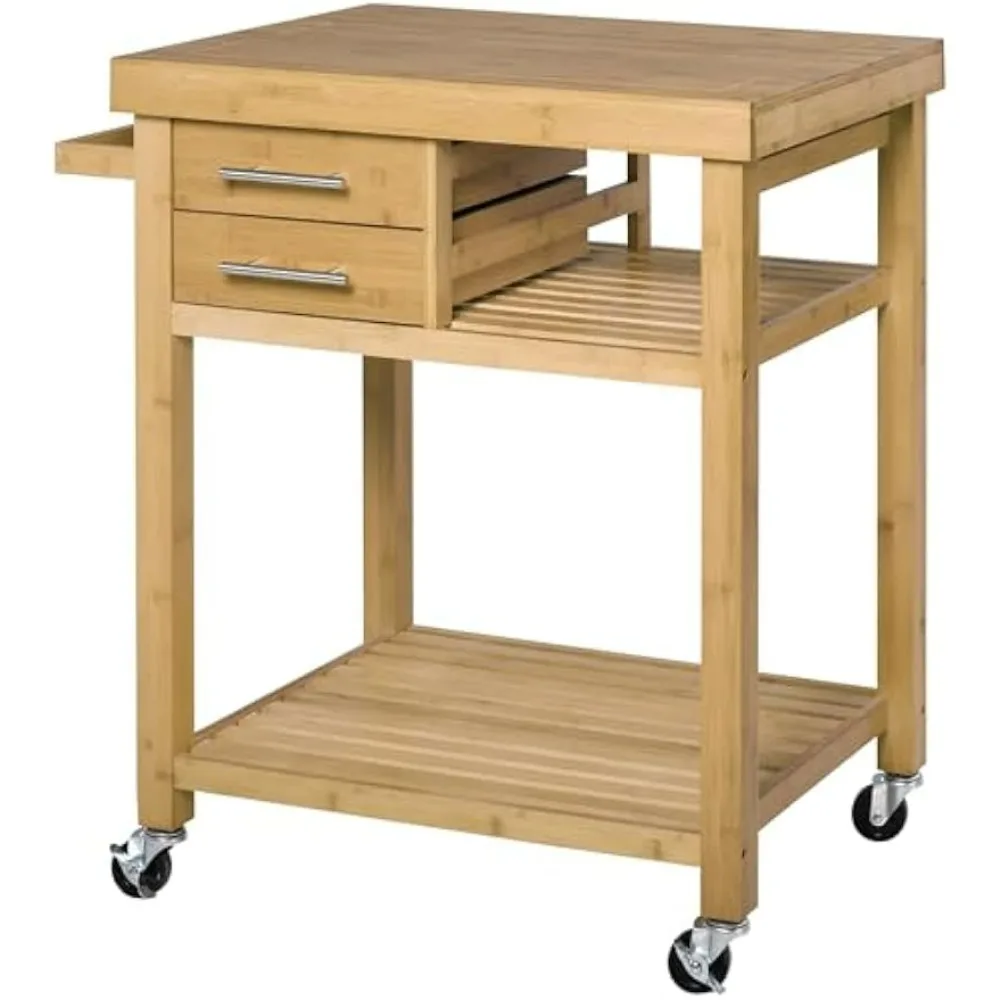 

Bamboo kitchen island cart with wheels, practical handcart, equipped with 2 storage drawers and open shelves, natural color