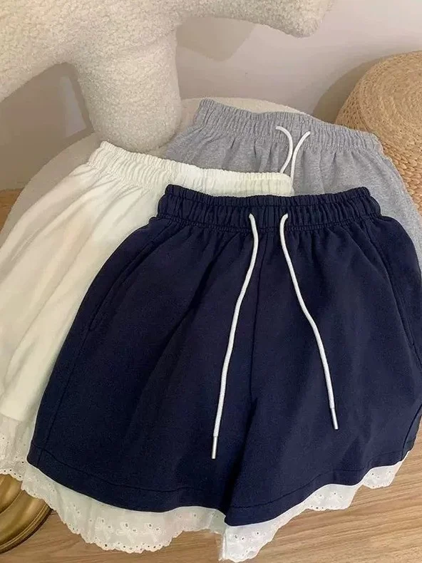plus Size Summer Casual Lace Trim Splice Loose Women's High Waist Wide Leg Pants Sporty Comfortable Short Shorts