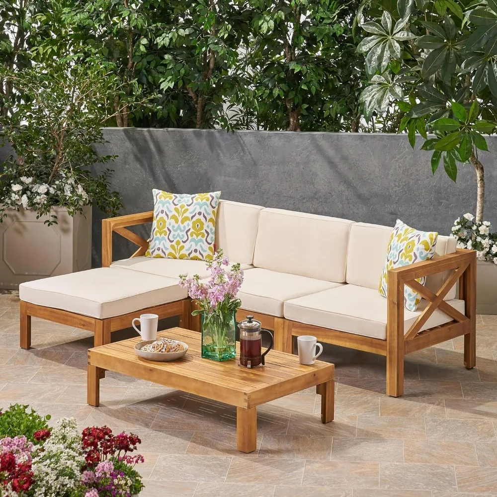 

Outdoor Conversation Sofa Set - 5-Piece Patio Acacia Wood Sectional Sofa Set with Coffee Table and Removable Cushions,
