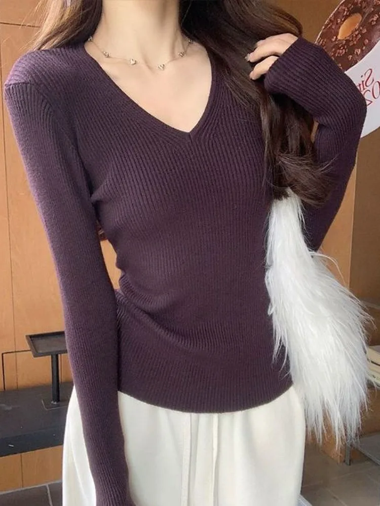 Slim Fit Long Sleeve V-Neck Knitted Base Shirt Women's Fashion Spring Autumn New Style Elegant Thinming High-End Feeling Inne...