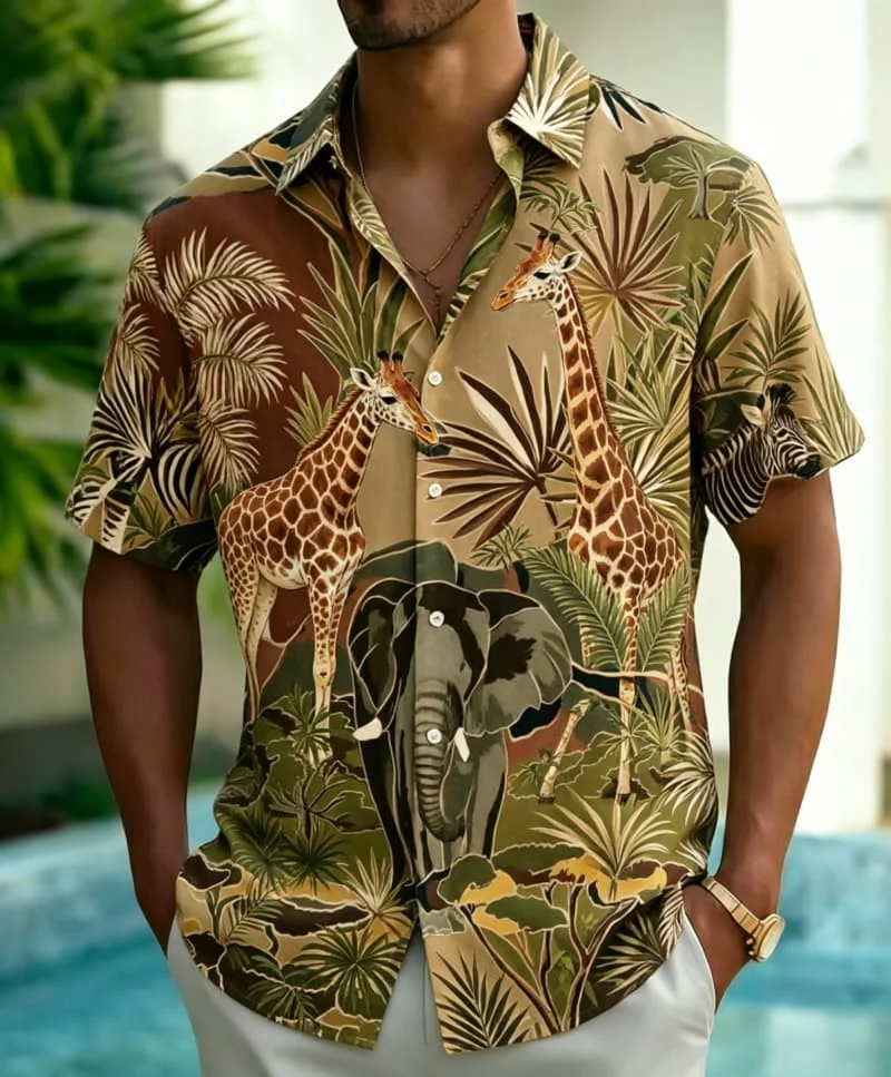 Men's Wild Jungle Animal Print  Shirt, Bold Safari Style for Summer Holiday, Daily Outings, Beach Trips & Streetwear