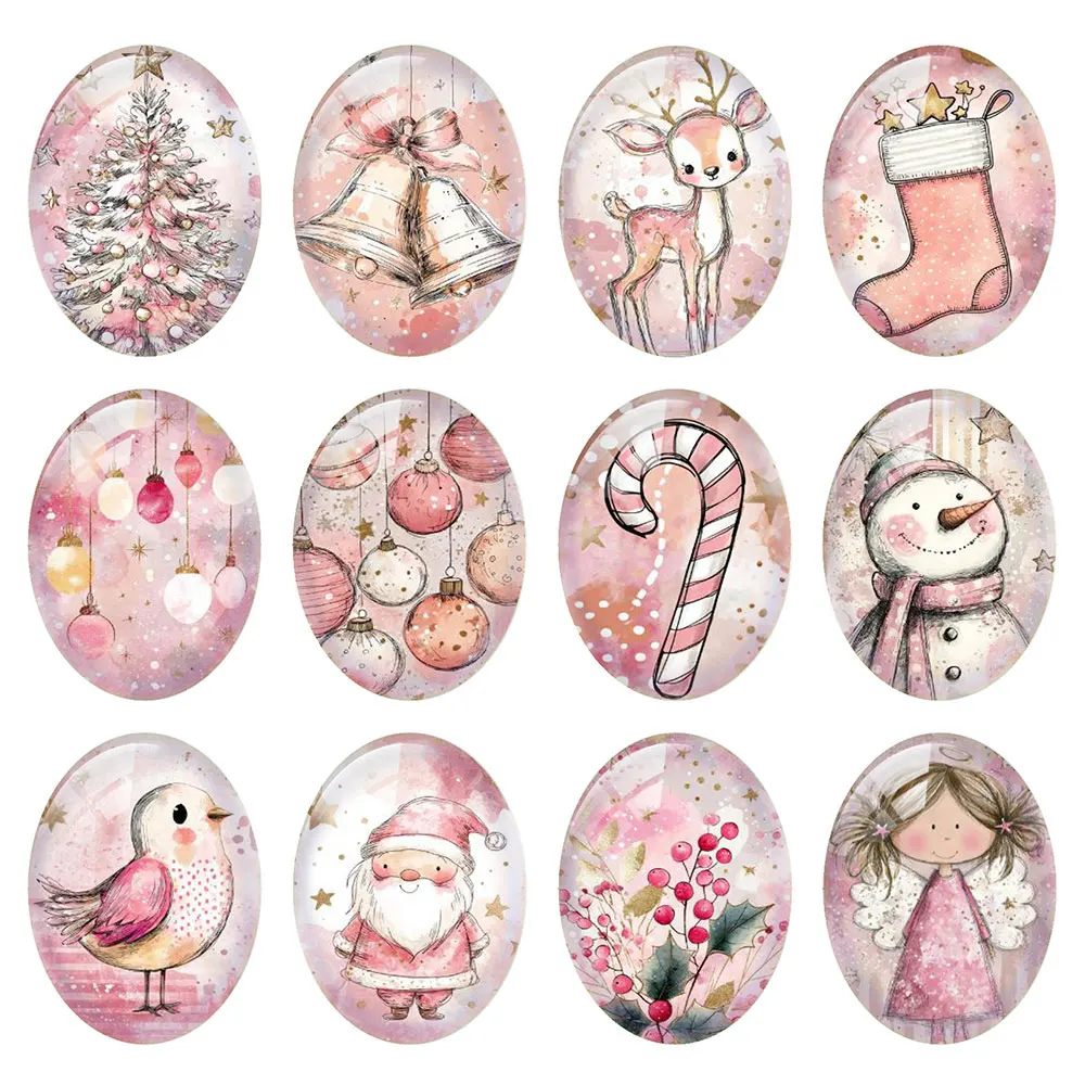 Random Mixed Round/Oval/Square Pink Christmas Winter Tree Santa Photo Glass Cabochon Flatback Demo Cameo For Diy Jewelry Making