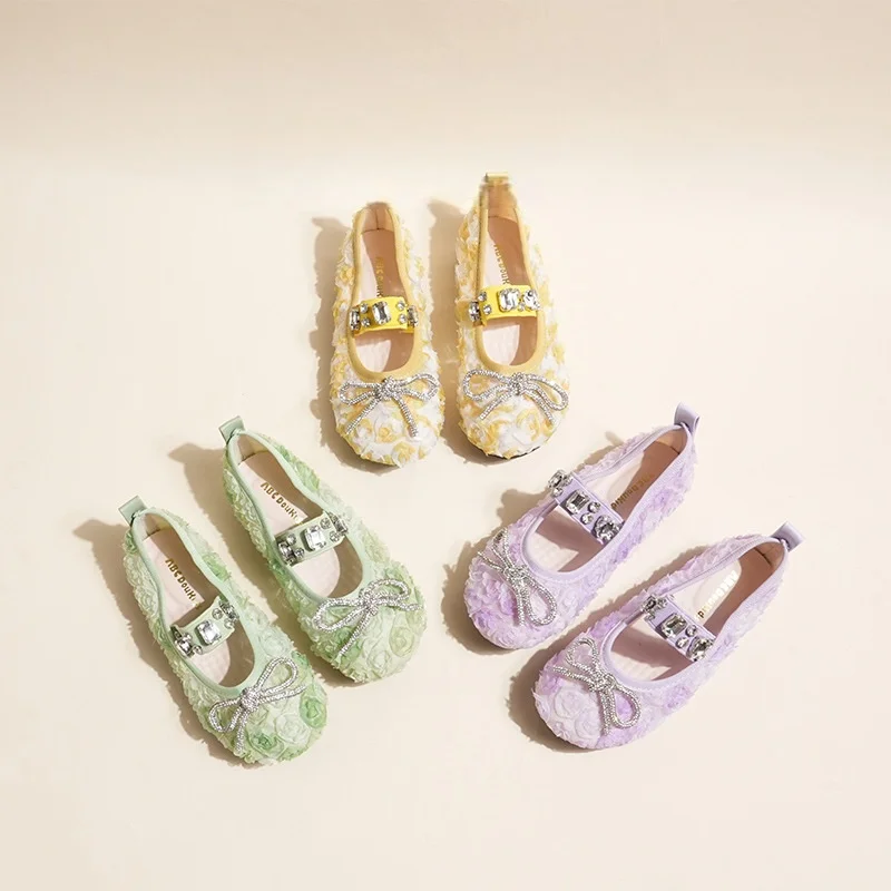 Girls Violet Mary Janes 2026 Summer Bow Princess Mesh Flats Breathable Student Shoes Baby Fashion Sandals