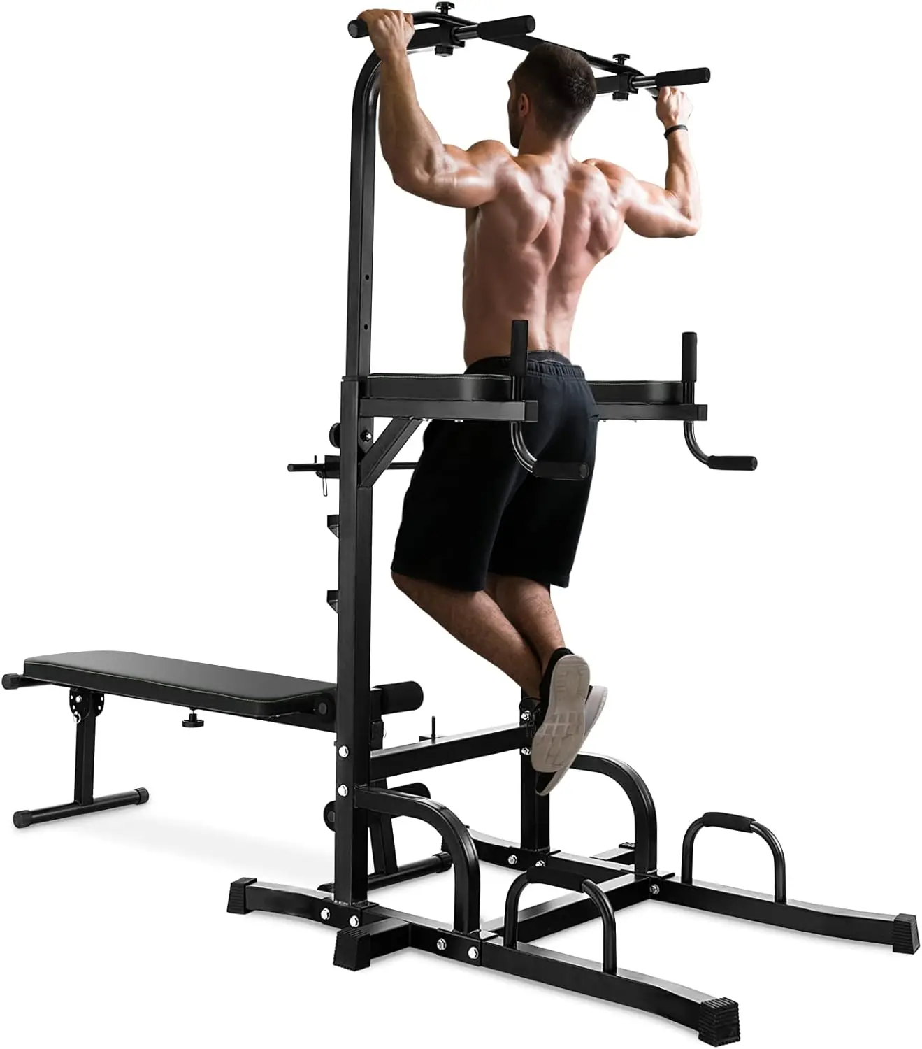 

Power Tower with Bench, Multifunctional Home Gym Pull Up Bar Stand Dip Station w/ 7 Adjustable Heights & Foldable Weight Bench,