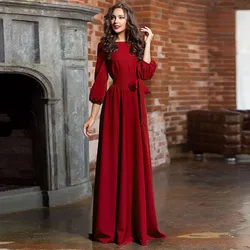 Dresses For Women 2024 Long Sleeve Crew Neck Solid Color Lantern Sleeve Long Dresses With Belt Formal Elegant Party Dresses