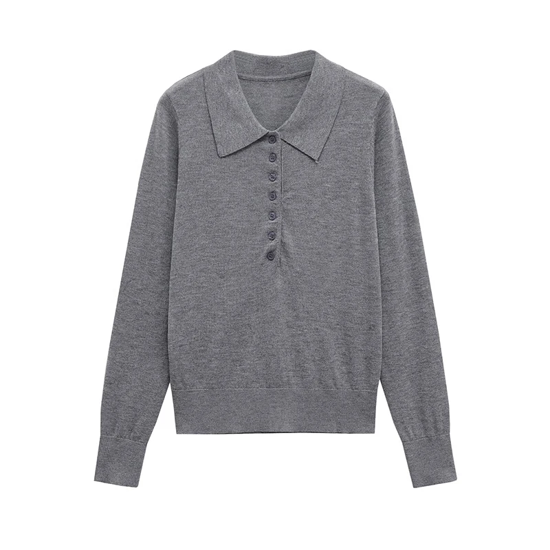 

2025 Women Long Sleeve Polo Neck Sweater Casual Gray Autumn Pullover Tops