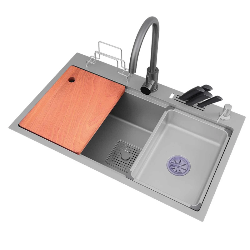 

Grey 304 stainless steel sink with knife holder Large single slot Manual multi functional kitchen vegetable basin Thickened dish