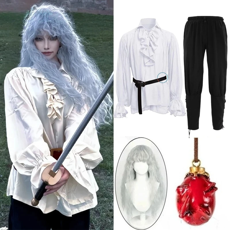 

Griffith White Eagle Anime Cosplay Costume Prop White Curl Wig Medieval Male Vintage Tops Belt Knight Suit Red Necklace Roleplay