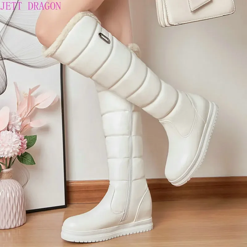 2024 Women Winter Warm Knee High Boots Platform Height Increasing Ladies Snow Boots PU Leather Side Zipper Round Toe Women Boots