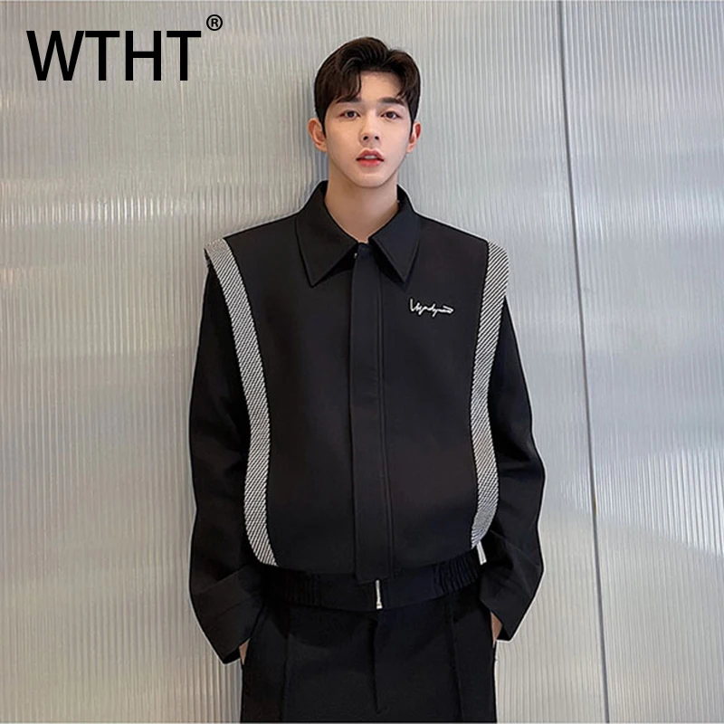

WTHT Trendy Men's Spliced Metal Striped Contrast Color Coats Fashion 2025 Autumn Zipper Lapel Long Sleeves Jackets Male 2A1429