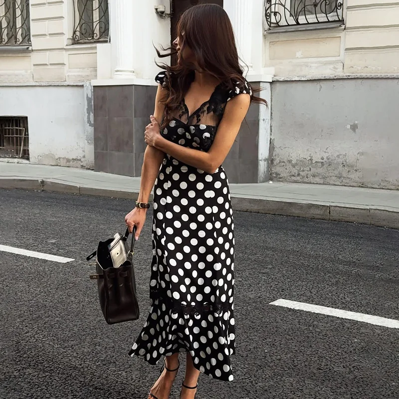 فستان ماكسي مثير مطبوع عليه دانتيل من Ticketsx فستان نسائي مفرغ منقط مرقع بدون أكمام فستان نحيف أنيق للإجازات