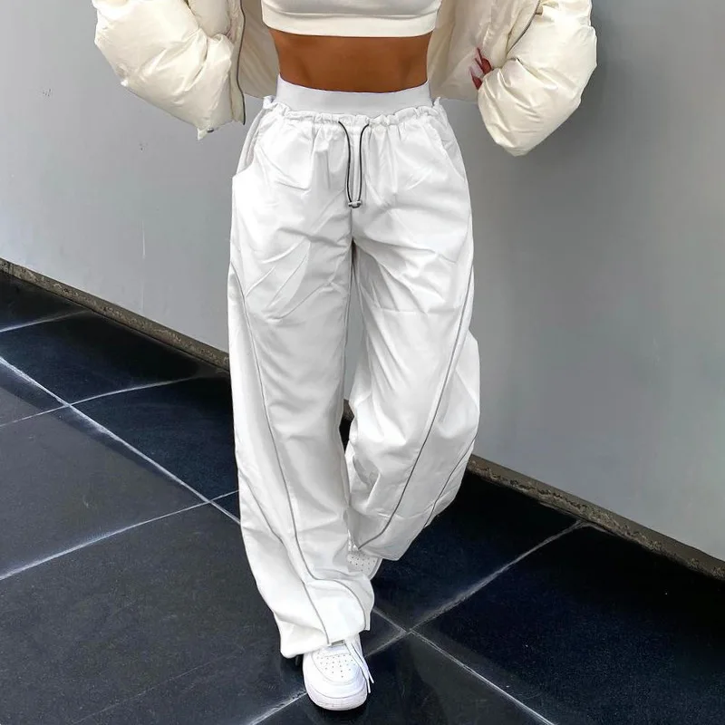 

Women Spring Retro Solid Loose Drawstring Trousers Casual Joggers Baggy Wide Leg Sweatpants Mid Waist Sporty Y2k Female Clothes