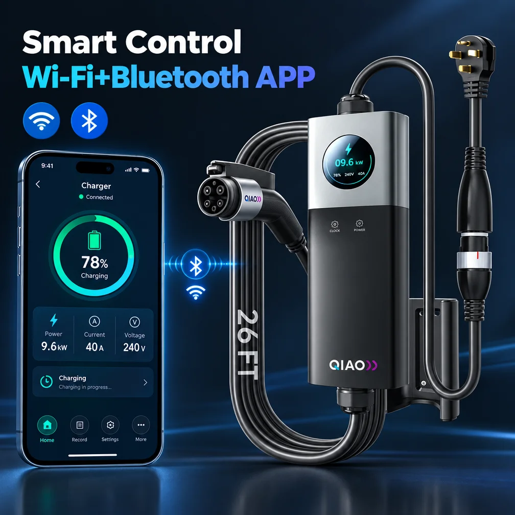 QIAO Level 2 EV Charger SAE J1772 40A 240V Portable EVSE 26Ft Charging Cable APP Control Adaptive Adjustable Current Delay Timer 2.8 Inch LCD Display Swappable NEMA 14-50 Plug Home Residential and Travel Use Compatible With All SAE J1772 Electric Vehicles