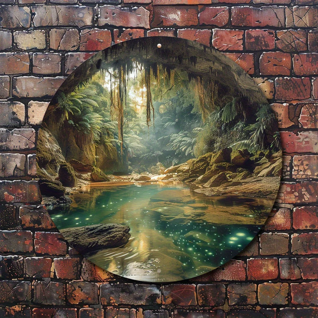 1pc Round Metal Sign with Waitomo Glowworm Caves Landscape Art - 20x20cm Durable Iron Wall Decor, No Electricity Needed, Pre-Dri